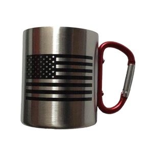 Bay Island Silver Stainless Steel Red Carabiner Handle American Flag Mug NWOT